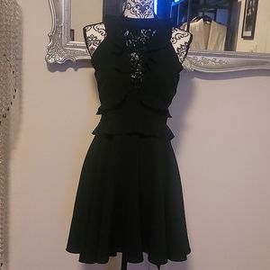 LAST CALL Lace V Ruffled Little Black Skater Dress